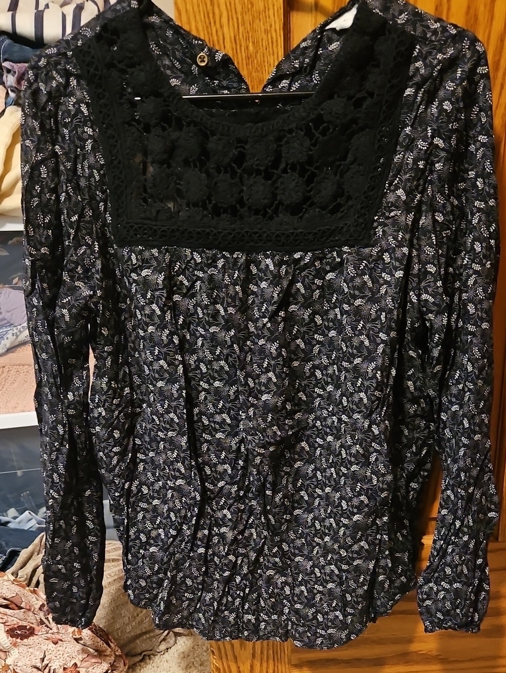 Caslon Black Floral Crochet Yoke Long-Sleeve Dress